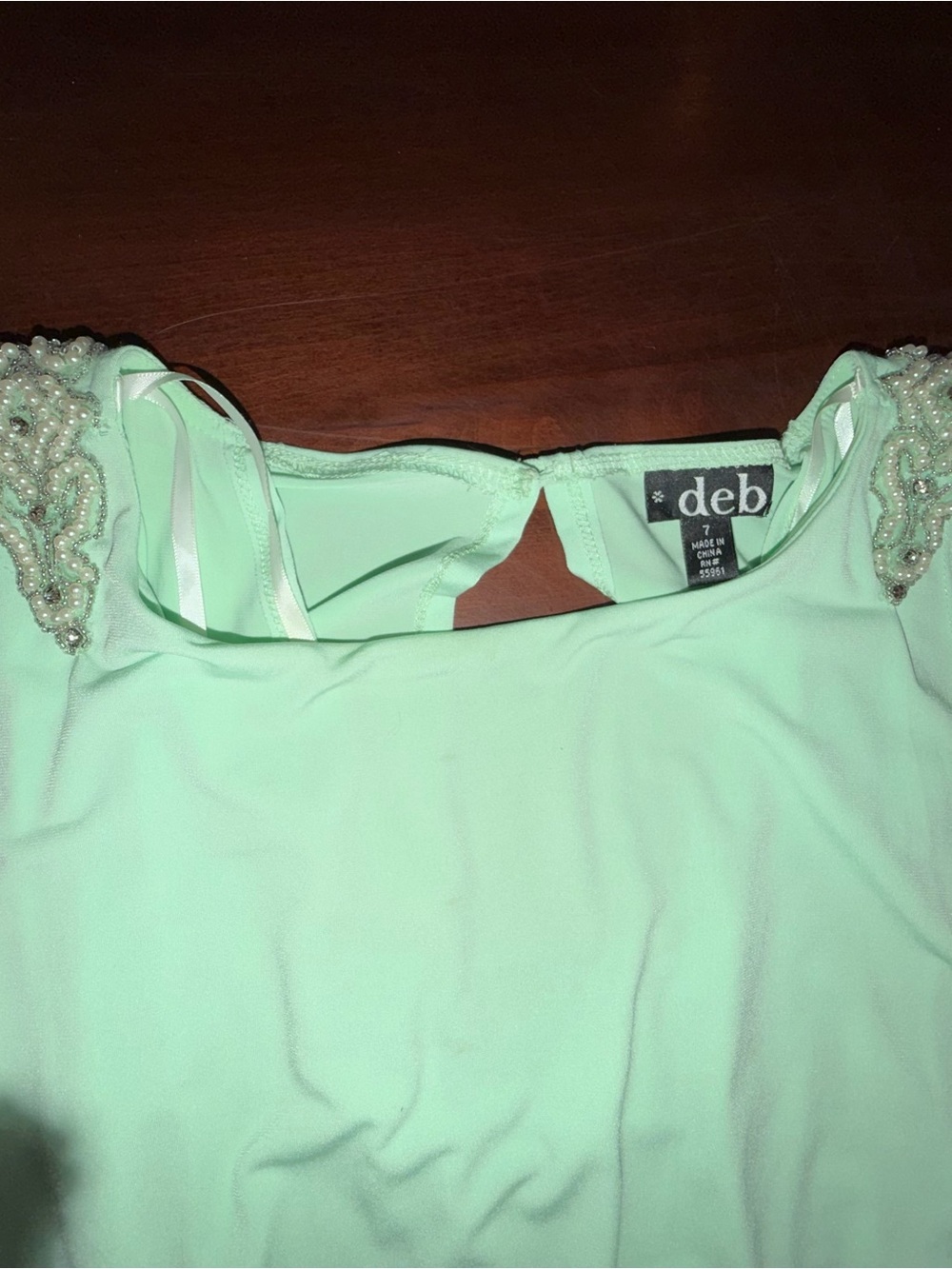 Deb Mint Green Lace Beaded Open Back Mini Dress Size 7 - Picture 4 of 7